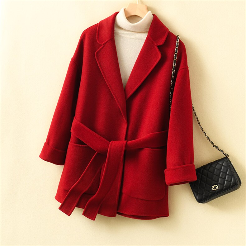 系带短款双面羊毛大衣女2024秋冬新款双面呢大衣，女装双面呢大衣，众策羊绒
