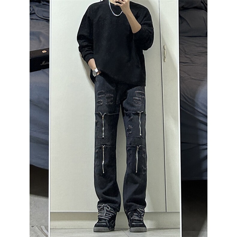 B221美式ins高街暗黑小众拉链款重磅牛仔裤子LK23017-P65控88,男装牛仔裤,电商B221