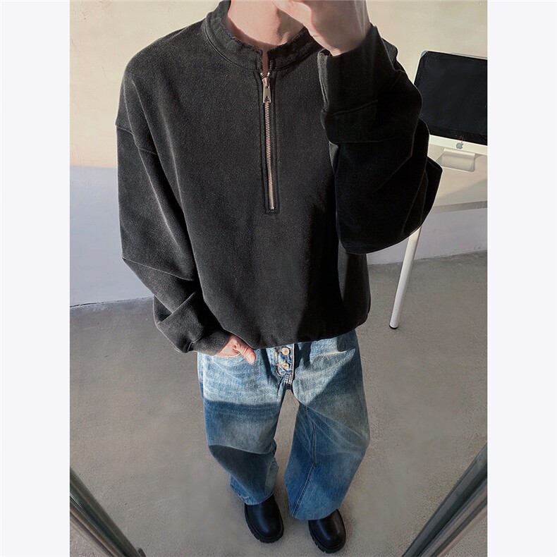 重磅美式复古水洗宽松短款套头半拉链卫衣男外套潮特P45，女装短外套，电商C306-1