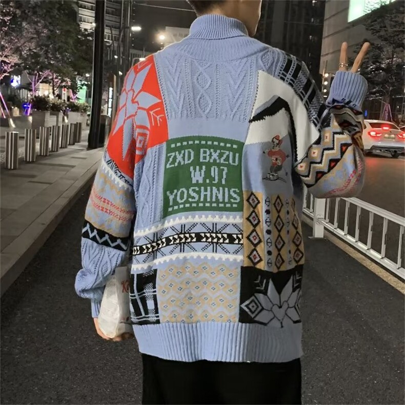 美式ins复古拼色高领毛衣男秋冬季慵懒风宽松小熊情侣针织衫,男装针织衫/毛衣,四季星座218-1