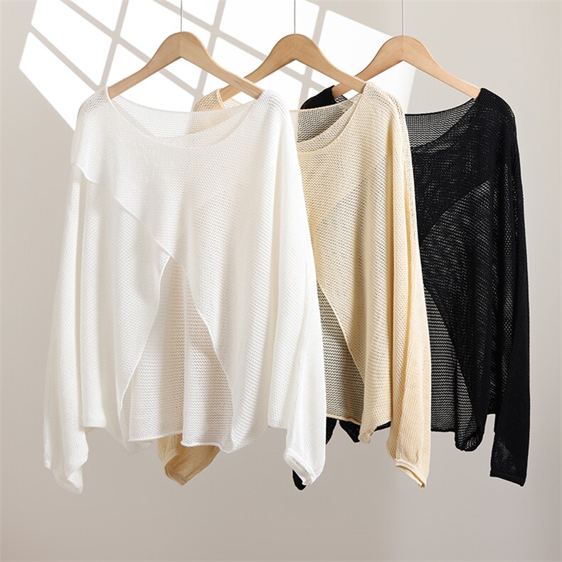 夏季新款天丝镂空交叉领大码披肩宽松百搭显瘦时尚休闲上衣，女装针织衫/毛衣，阿娇羊绒