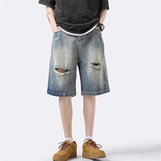 破洞牛仔短裤美式潮牌痞帅五分裤时尚原宿潮流百搭新款LA505-P36，男装牛仔裤，星座208-5