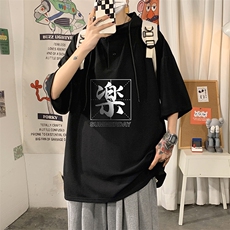 LD54197-P45连帽短袖t恤男大码胖子带帽五分袖中袖海报风，男装T恤，电商A040
