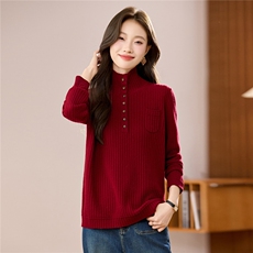 2025秋冬新款100%羊毛衫女半开扣翻领针织毛衣竖坑条百搭修身上衣，女装羊毛衫，艾米