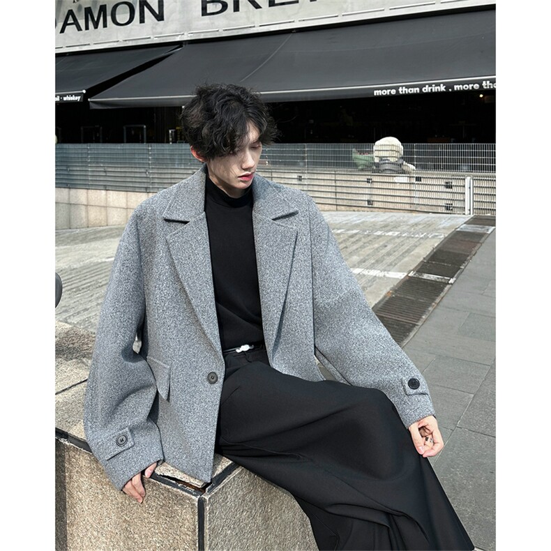 cleanfit毛呢掐腰外套男秋冬款高级感痞帅短款呢大衣廓形西装夹克，男装西服套装，星座504