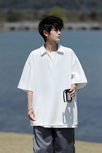 8XL-M假两件V领短袖t恤男夏翻领半袖宽松重磅华夫格大码DT001P40图片