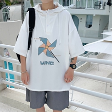 LD54112-P45连帽短袖t恤男大码胖子带帽五分袖中袖，男装T恤，电商A040