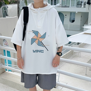 LD54112-P45 连帽短袖t恤男大码胖子带帽五分袖中袖图片