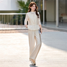 现货主推慵懒且优雅复古BAI搭圆领两侧对称裤袋视觉显瘦三件套，女装套装/套裙，尚娜萱
