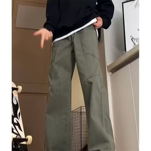 美式复古蓝色工装裤男款春秋褶皱裤子高街微喇宽松高腰直筒裤图片