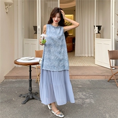 蓝色提花拼接连衣裙女2025夏季新款法式温柔风独特绝美无袖背心裙，女装连衣裙，2D045
