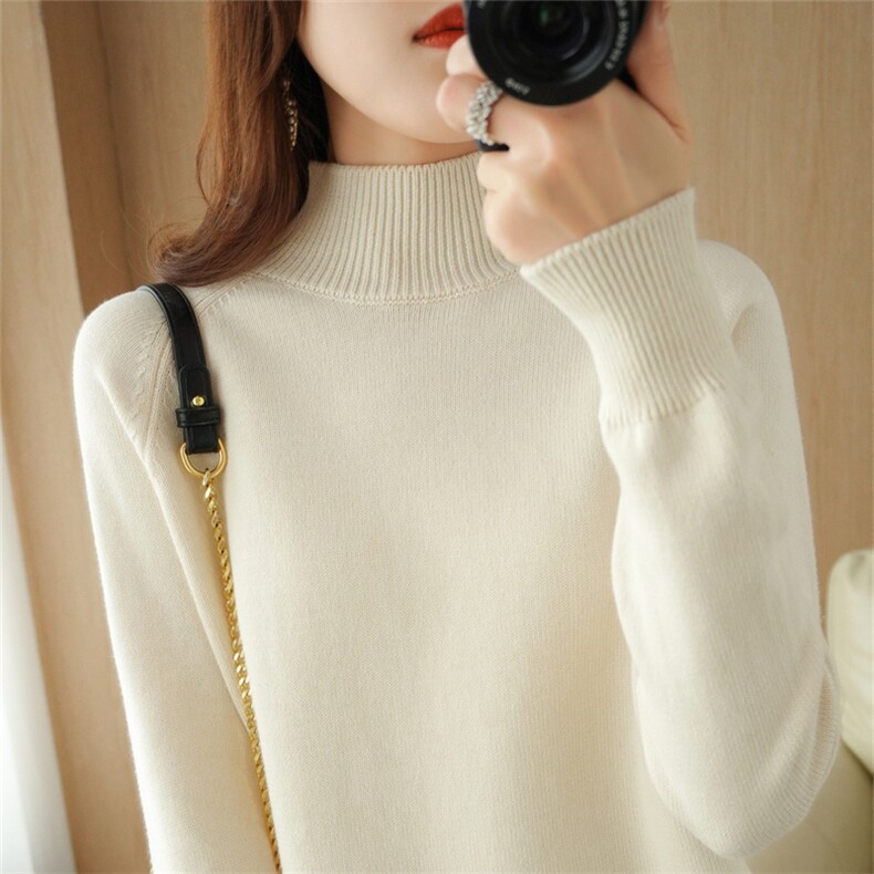 重磅加厚100%全棉线针织衫女秋冬半高领长袖纯色套头毛衣保暖打底，女装针织衫/毛衣，斯美雅电商供货