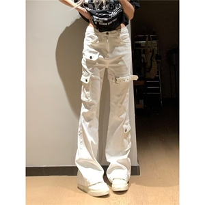 美式复古白色多口袋绑带微喇牛仔裤女辣妹设计感修身显瘦马蹄长裤