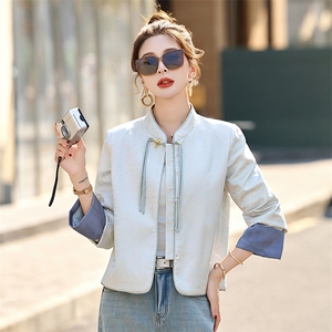 流苏盘扣新中式国风外套女2025春秋新款提花撞色拼接短款唐装上衣图片