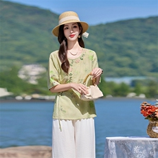 时尚洋气刺绣印花套装女2026夏季新款宽松遮肉显瘦阔腿裤两件套，女装套装/套裙，魅影