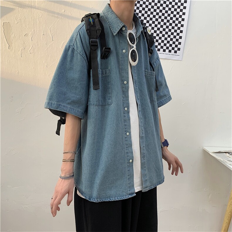 港风复古牛仔衬衫男夏季短袖衬衣青年宽松休闲工装外套CS050-p40,男装衬衫,星座1008