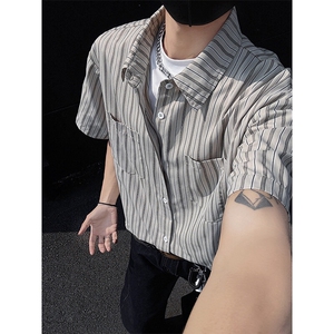 特批P30无差价夏季撞色条纹翻领短袖衬衫男休闲大码外套CD5474图片