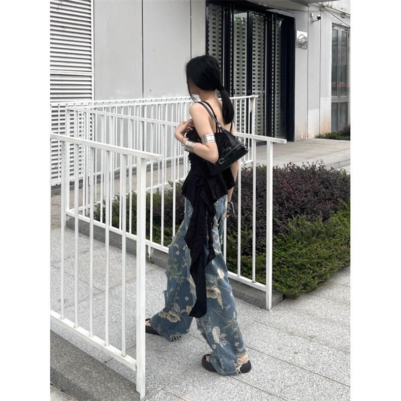 【网图】美式高街花卉印花破洞牛仔裤男女阔腿裤子A257CC-特P52,男装牛仔裤,星座1007（原301D）