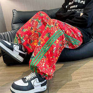 KF1条纹大花休闲裤九分哈伦运动新中式汉服表演出男女裤子团队潮图片