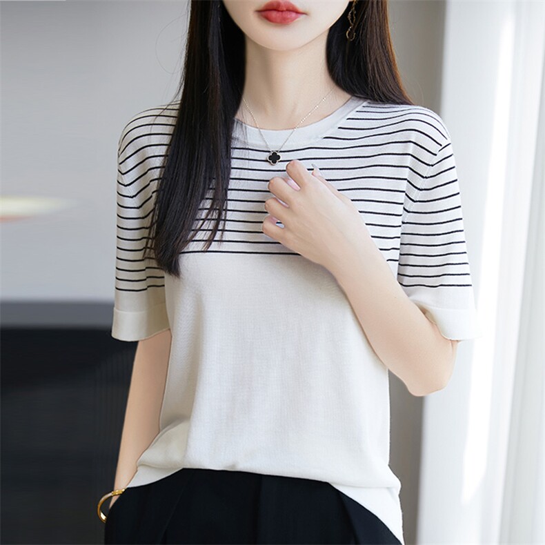 2025夏季新款莱赛尔天丝针织短袖T恤女圆领条纹拼色薄款上衣，女装T恤，广悦羊绒