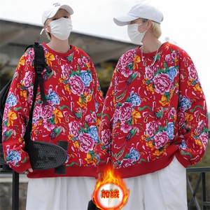 B203冬新套头圆领东北大花风民族特色加绒保暖卫衣小衫男女潮图片