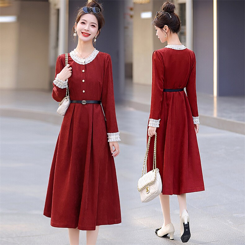 订婚红色长袖连衣裙女2025春秋新款法式复古气质收腰显瘦打底长裙，女装连衣裙，蓝诺裳