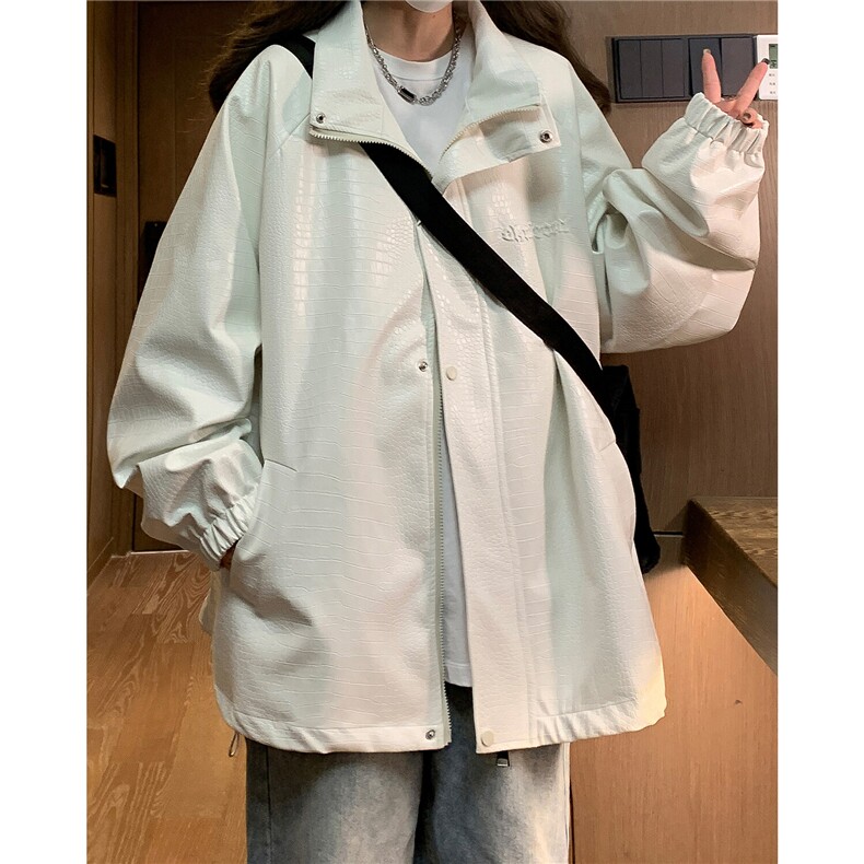 大码pu皮衣夹克钢印美式女复古oversize显瘦设计感情侣机车外套秋，女装短外套，星座226-2