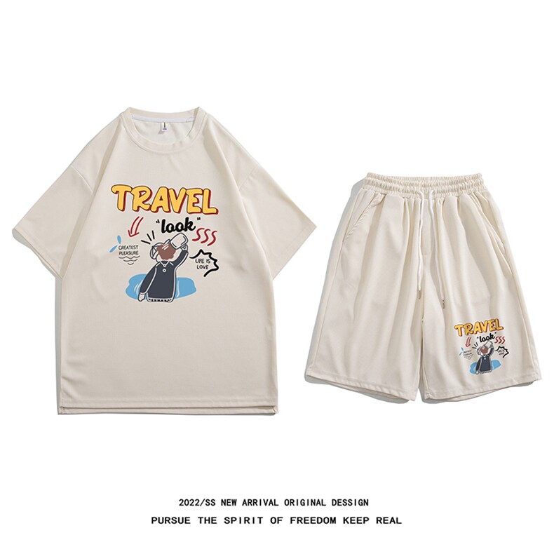 白底2023夏季新款华夫格卡通字母印花运动休闲套装TZ862p50控68，男装休闲套装，电商A247-1