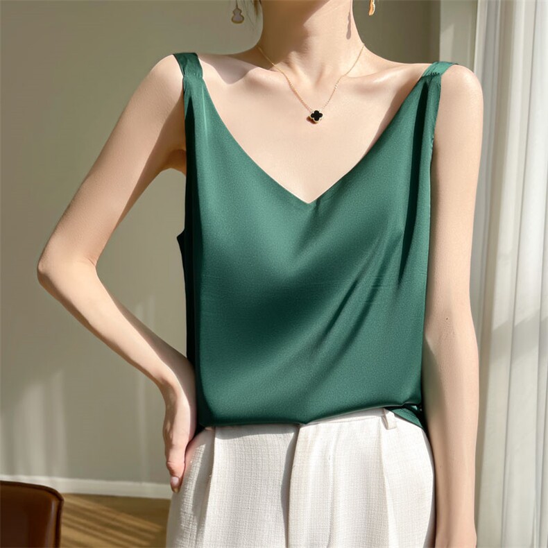 【清仓处理】95%桑蚕丝5%醋酸真丝缎面吊带背心女无袖宽肩带上衣图片