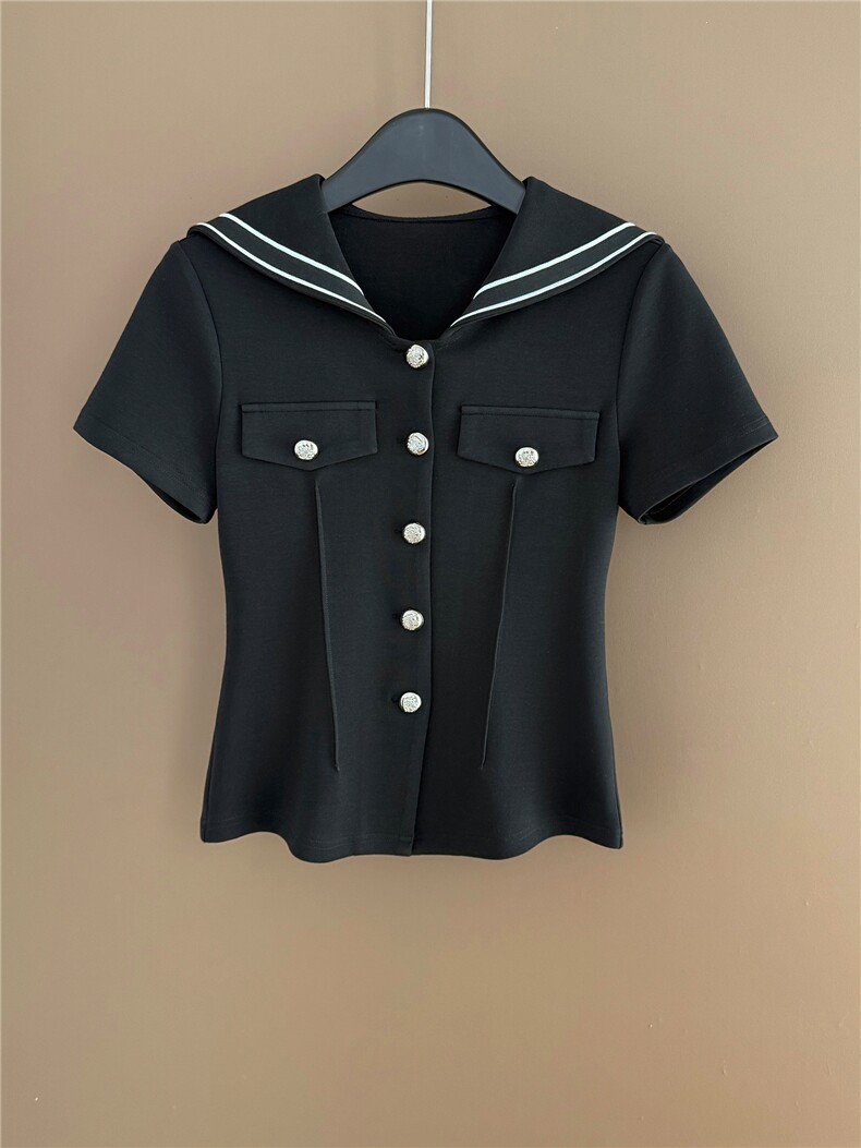 时尚休闲套装女夏季新款个性简约海军领纽扣设计短袖阔腿裤两件套,女装套装/套裙,江南
