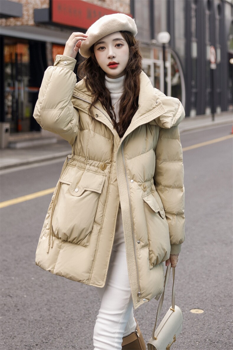 2025冬季新款个性百搭宽松休闲抽绳修身中长款羽绒服,女装羽绒服,1C080