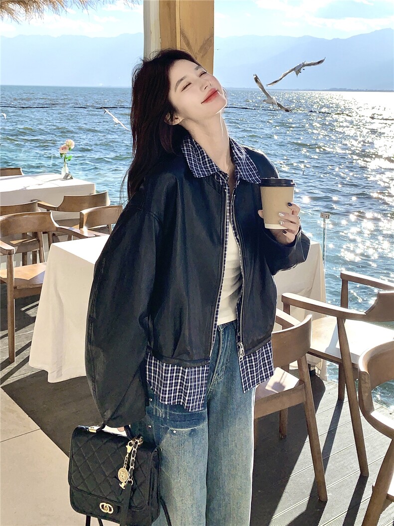设计感假两件格纹拼接皮衣短外套女2026春季新款宽松休闲显瘦夹克,女装皮衣,艾米莉亚