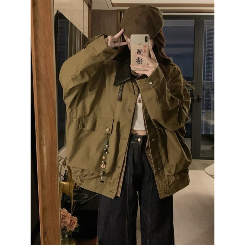 春季美式复古拼皮翻领巴恩风谷仓夹克男女短款工装外套,男装夹克,星座506A