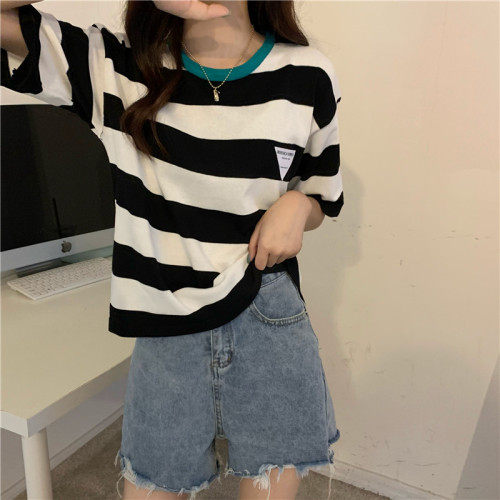 冰丝圆领套头撞色条纹修身百搭短袖针织上衣女，女装T恤，潮品会