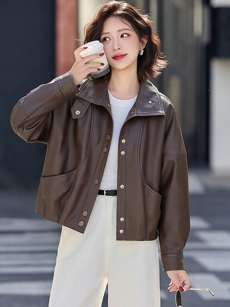 现货短款皮衣外套女新款春秋小个子酷飒气质宽松休闲减龄PU皮夹克,女装皮衣,韩蔻秀