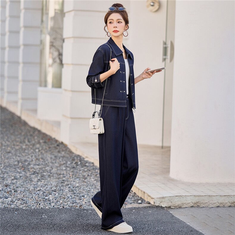 （新款现货）2026春装时尚休闲拉链天丝牛仔阔腿裤套装（两件套）,女装套装/套裙,印象茜