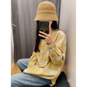 TC788-P452024黄色纯棉格子衬衫女内搭叠穿打底上衣宽松显瘦衬衣