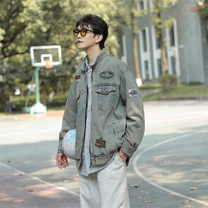 潮牌机车风绣标牛仔外套男美式复古做旧翻领棒球服NZ1721-P75图片
