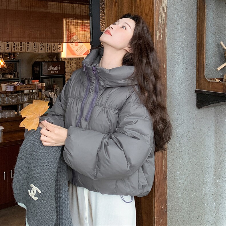 灰色连帽短款羽绒服女2025冬季新款今年流行设计感加厚保暖面包服,女装羽绒服,2C262