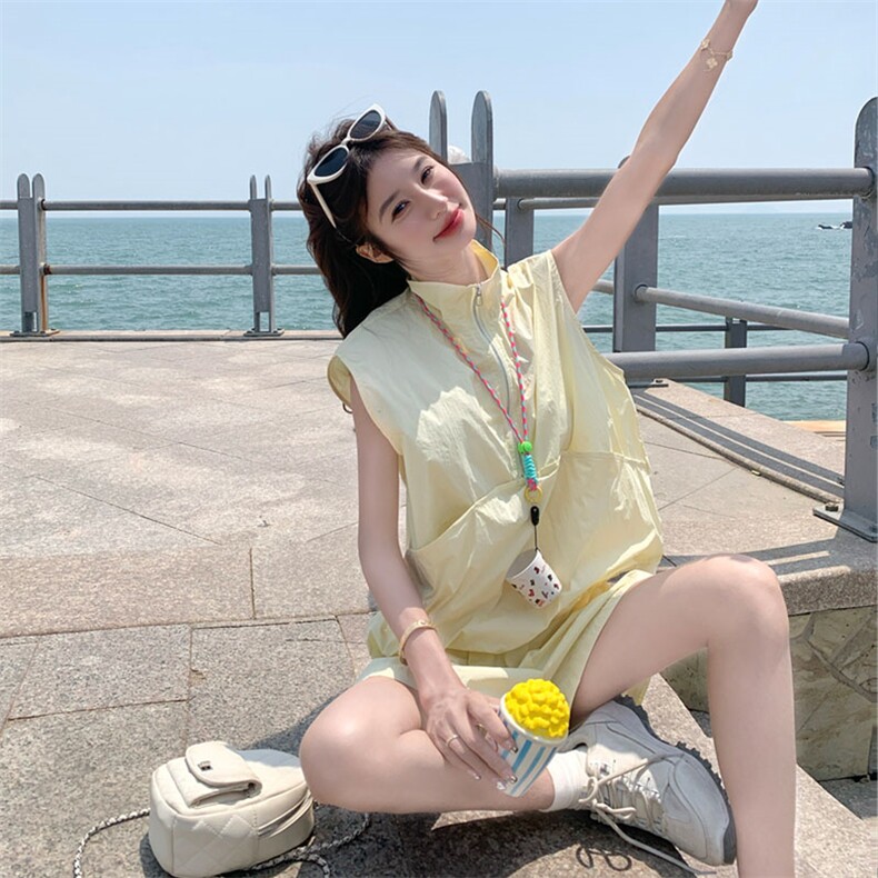 甜美复古工装奶黄色短裤套装女夏季独特绝美小个子今年流行两件套,女装套装/套裙,2D143