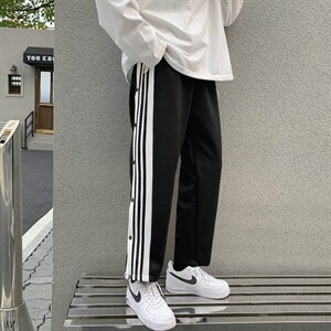 侧排扣阔腿裤运动裤潮流百搭排宽松休闲三道杠裤子男潮D779-P35,女装休闲裤,星座1008-2