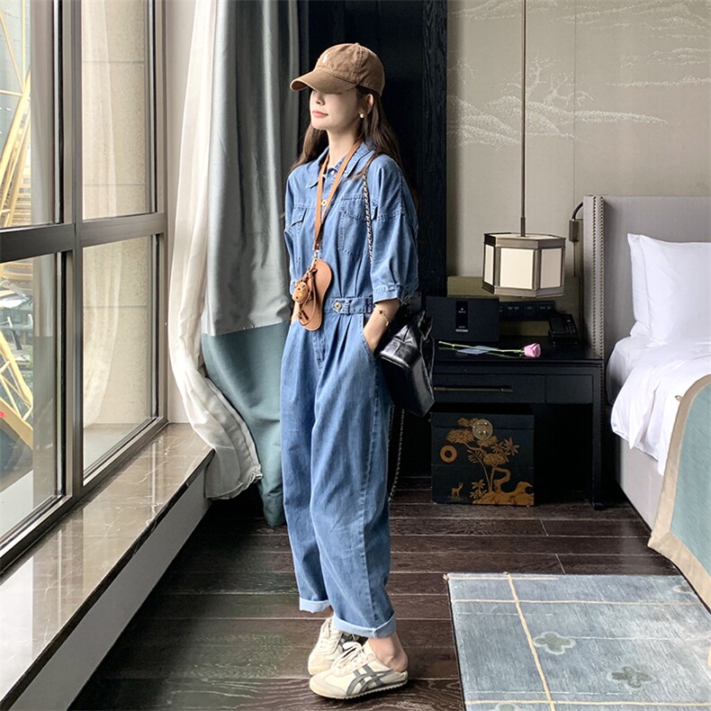 港风时髦复古慵懒风牛仔连体裤女秋季新款小个子松弛感个性阔腿裤,女装连体裤,2C050