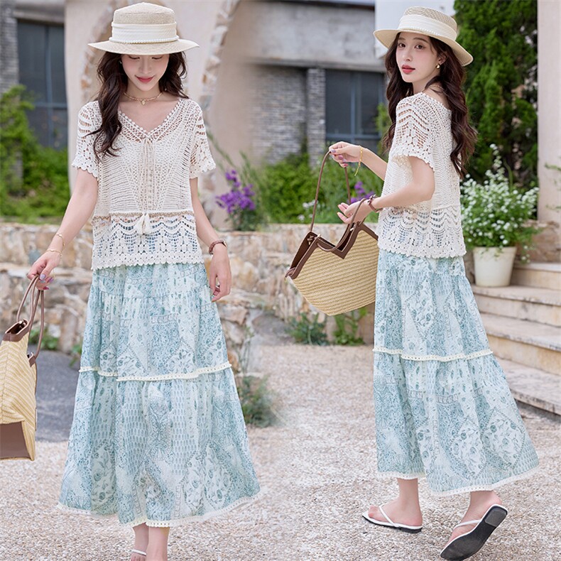 2025年夏季新款女气质优雅时尚波西米亚风遮肉两件套装连衣裙，女装连衣裙，奋斗女王
