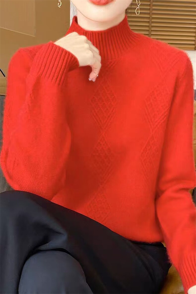 100%纯羊毛衫女半高领扭花加厚针织衫毛衣宽松长袖打底羊绒衫上衣,女装连衣裙,萱芳婷羊绒
