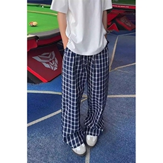 美式高街潮牌男女泡泡格子休闲裤直筒宽松慵懒显瘦阔腿休闲长裤子，男装休闲裤，电商A486