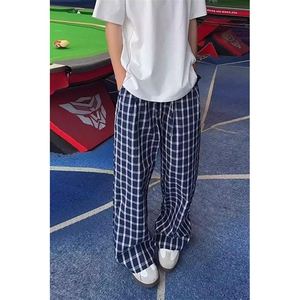 美式高街潮牌男女泡泡格子休闲裤直筒宽松慵懒显瘦阔腿休闲长裤子图片
