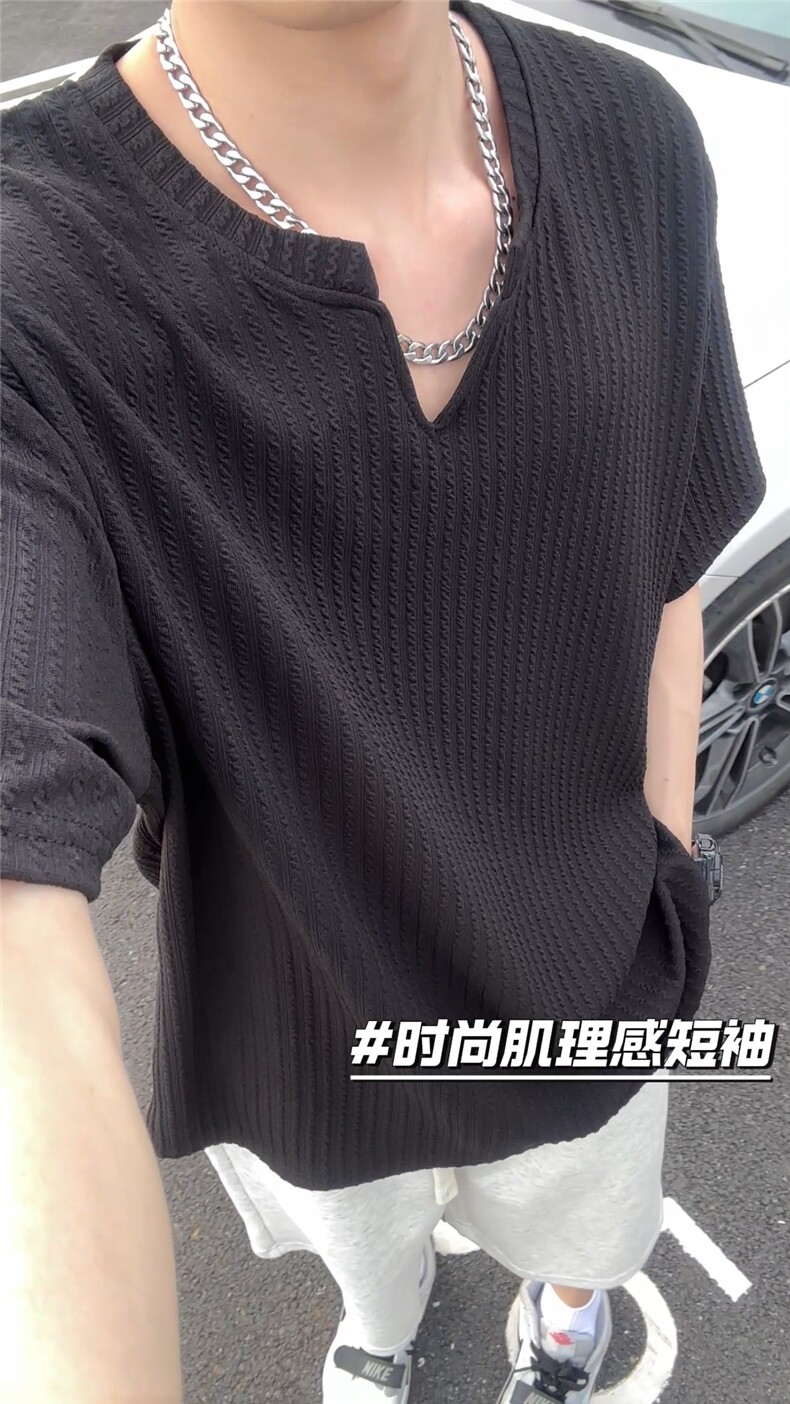 肌理感短袖t恤男款夏季2025新款美式细条纹垂坠感宽松半袖v领体恤,男装T恤,星座809A(原222-1)