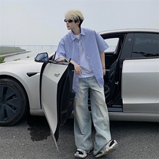 B221美式ins高街宽松薄款条纹短袖衬衫SY2552-特P28控49，男装衬衫，电商B221