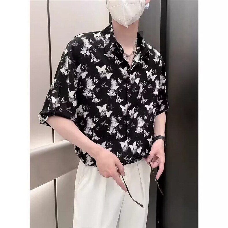 冰丝衬衫短袖男夏季潮牌痞帅扎染衬衣男款2025新款男士夏装半截袖,男装T恤,星座410-7