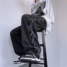 牛仔裤男新款美式炸街嘻哈阔腿裤设计感绑带宽松直筒裤NK390-p52，男装牛仔裤，星座1008-1